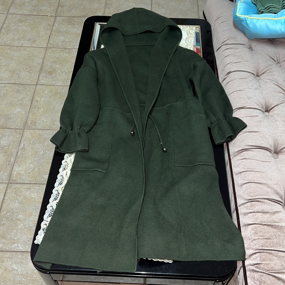Dark green hooded knit trench coat